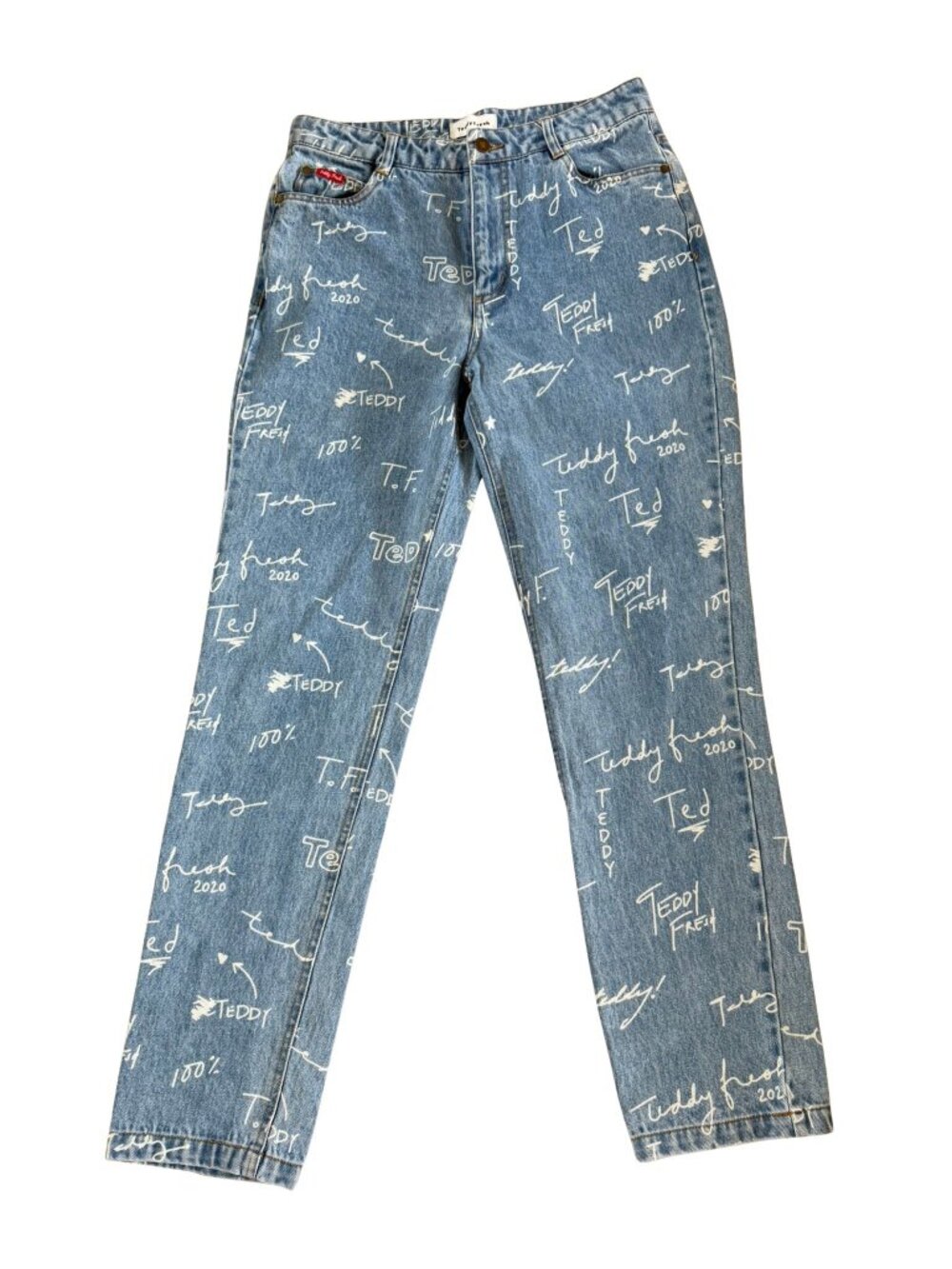 Teddy Fresh All Over Logo Print Jeans Straight Leg Blue Denim Women's
